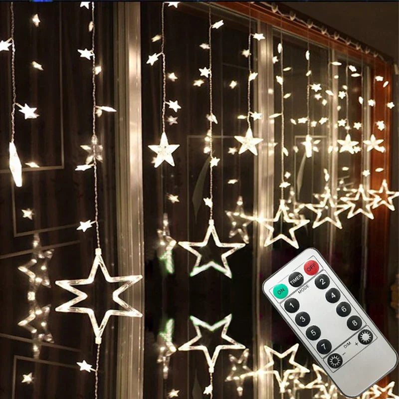LED-Sternen-Vorhang-Lichterkette für festliche Innen- und Außendekoration an Weihnachten.