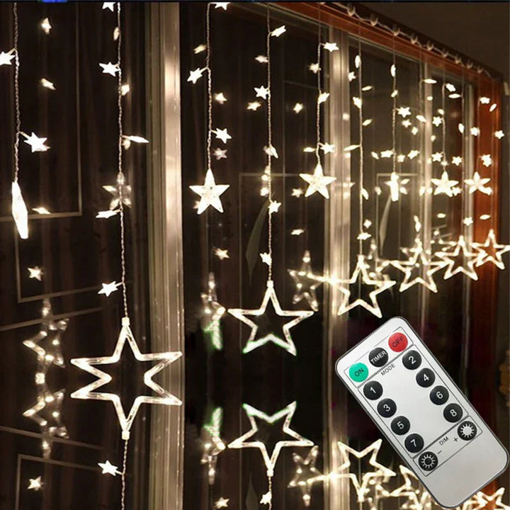 LED-Sternen-Vorhang-Lichterkette für festliche Innen- und Außendekoration an Weihnachten.