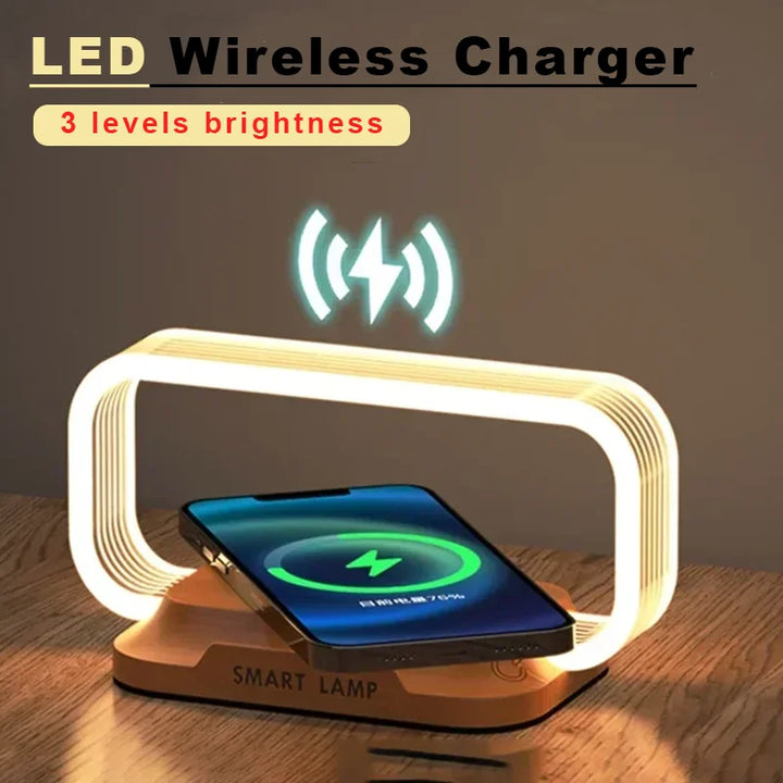 LED Tischlampe mit Qi Charger, Touch-Dimmung & eleganter Holzoptik für smartes Licht.