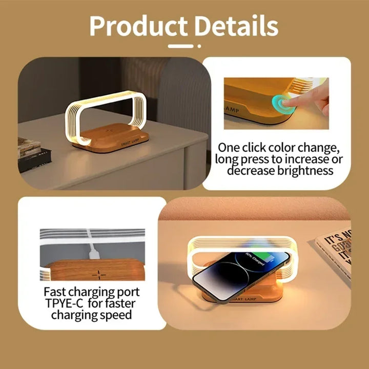 Moderne LED Lampe mit Qi-Ladefunktion, Touch-Dimmung und ansprechender Holzoptik.