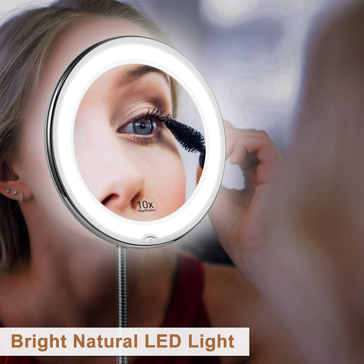 Wandmontierbarer LED-Schminkspiegel mit Schwanenhals und 10-facher Vergrößerung, ideal für Badezimmer.