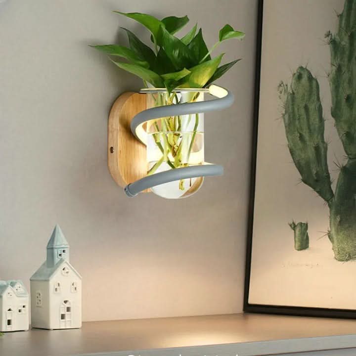 Elegante Holz-LED-Lampe mit integrierter Vase für Blumen, moderne Wohndekoration im Wohnzimmer oder Schlafzimmer.