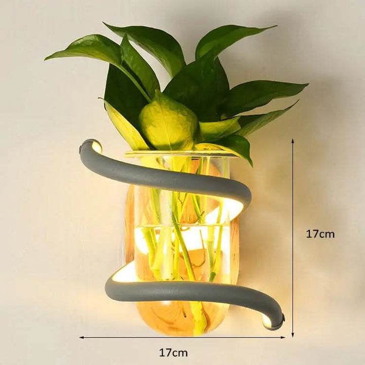 Stilvolle Wandlampe aus Echtholz mit integrierter Vase und LED, moderne Innenbeleuchtung für jede Wohndekoration.
