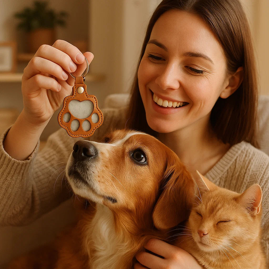 Persönliches Geschenk: Leder Gedenk-Schlüsselanhänger mit Tierhaaren, für Hund und Katze.