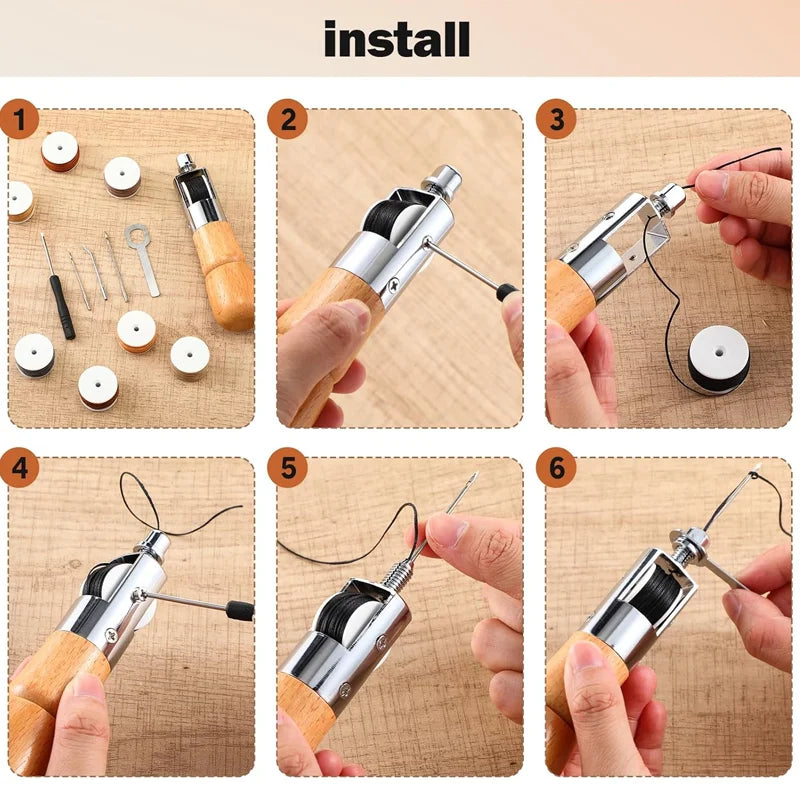 Komplettes Leder Nähset mit Handnähmaschine, Garn und Werkzeugen für alle Lederreparaturen und Bastelarbeiten.