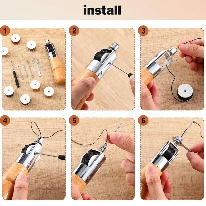 Komplettes Leder Nähset mit Handnähmaschine, Garn und Werkzeugen für alle Lederreparaturen und Bastelarbeiten.