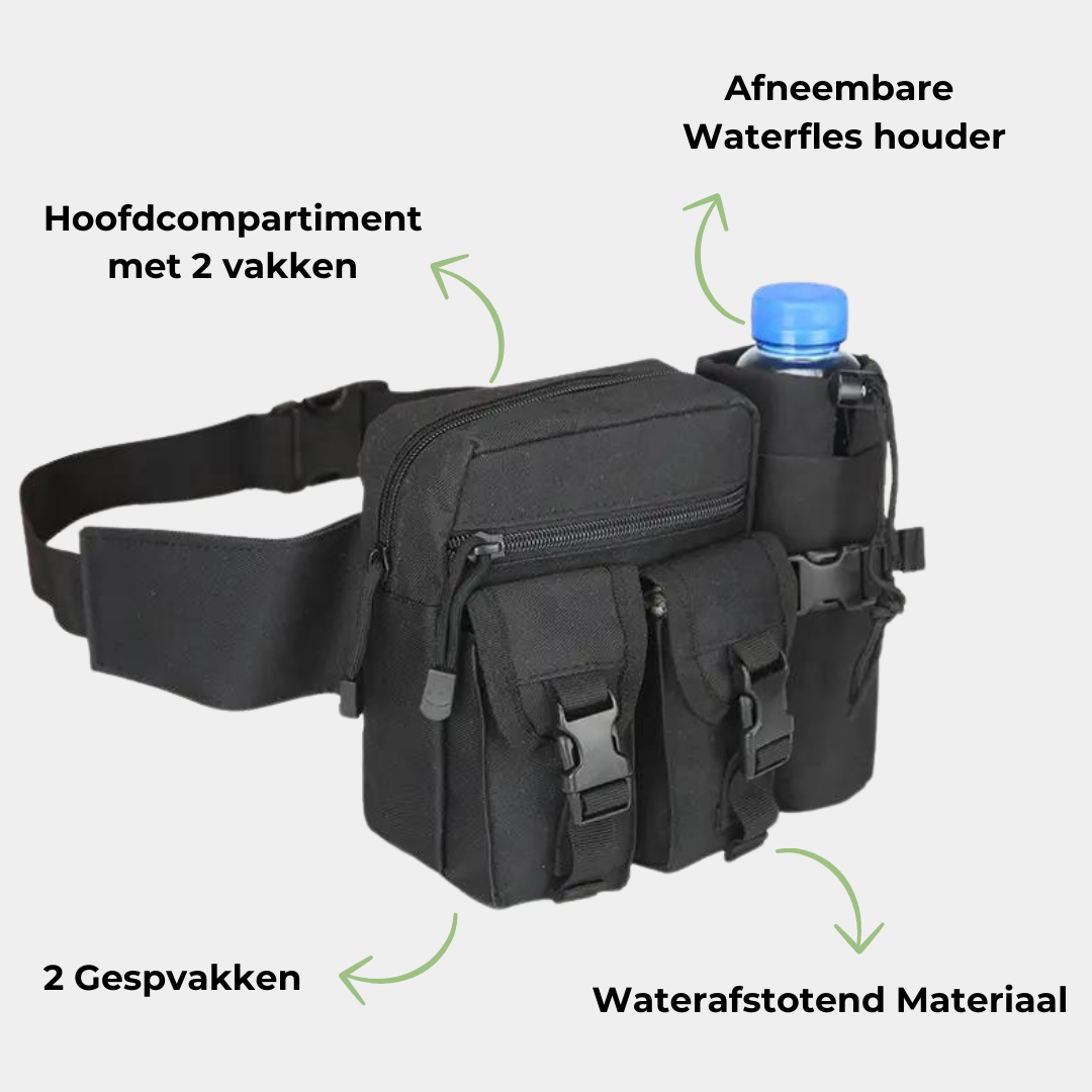 Wasserabweisende Outdoor-Hüfttasche für Camping & Wandern, mit Flaschenhalter, leicht & komfortabel.