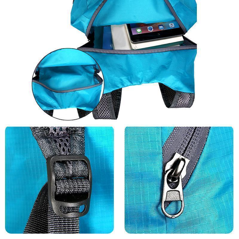 Detailaufnahme des leichten Faltrucksacks: Reißverschlusstasche für schnellen Zugriff auf wichtige Gegenstände.