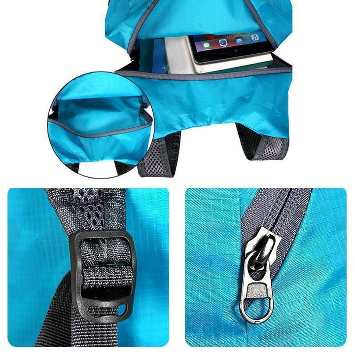 Detailaufnahme des leichten Faltrucksacks: Reißverschlusstasche für schnellen Zugriff auf wichtige Gegenstände.