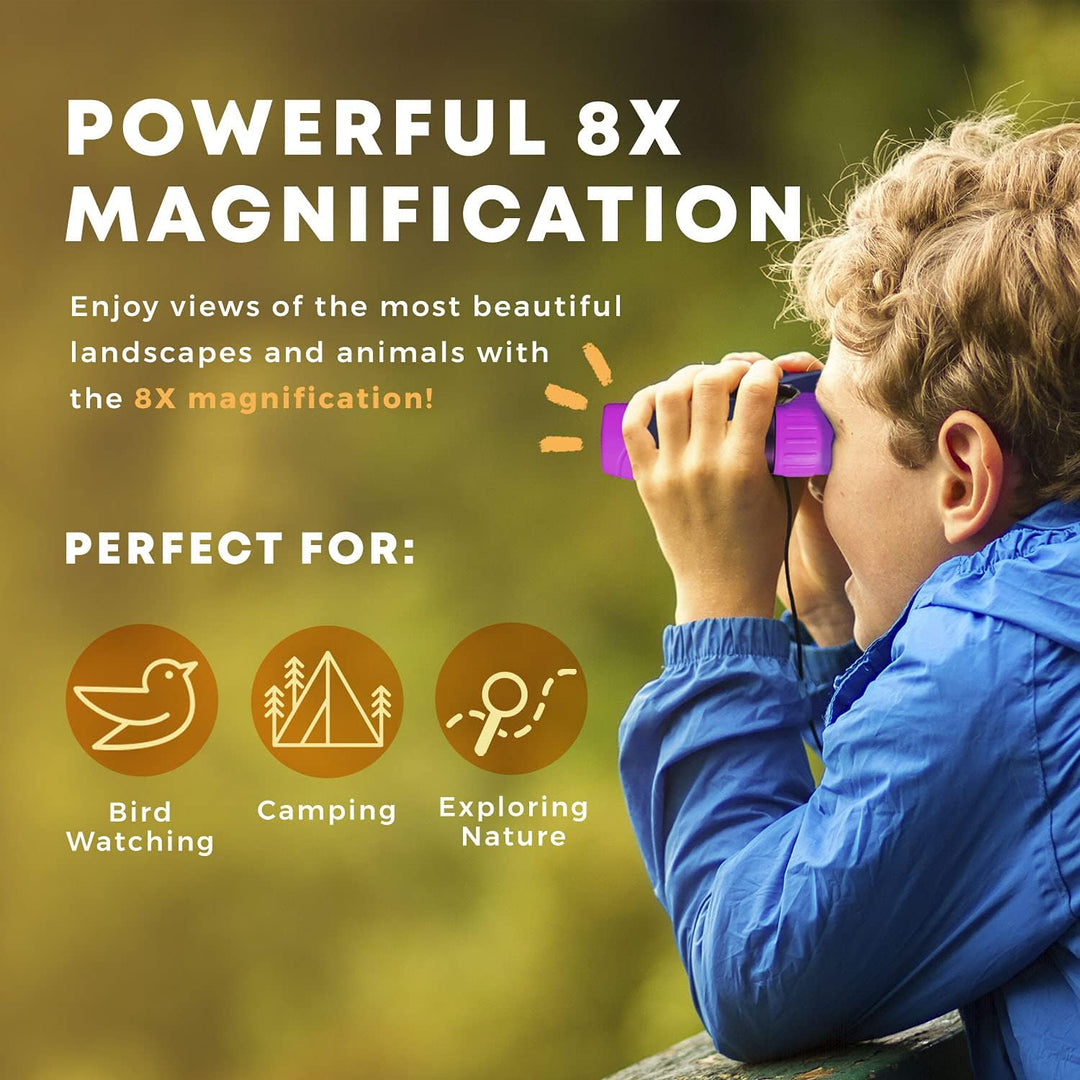 Kind beobachtet Vögel mit leichtem, robustem Kinderfernglas 8x21. Perfekt für Wandern & Outdoor.