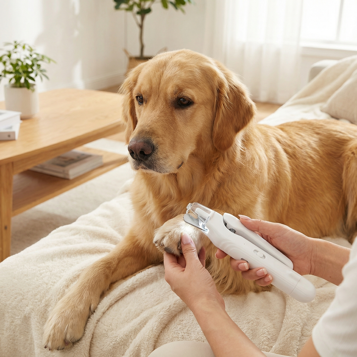 Leiser, akkubetriebener Hunde 2-in-1 Krallenschneider & Schleifer für schonende Nagelpflege.