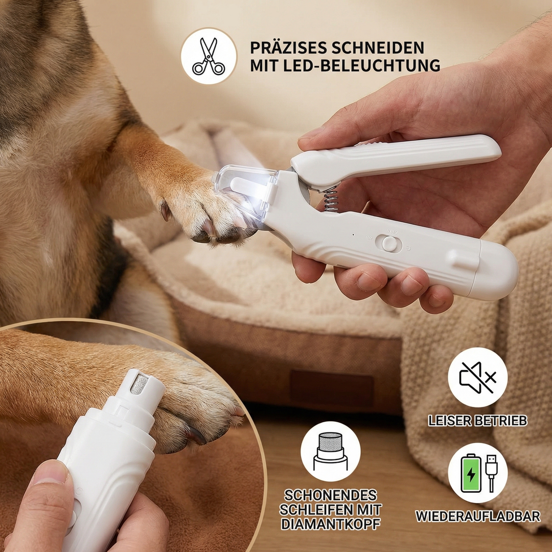 Akkubetriebener 2-in-1 Krallenschneider & Schleifer für Hunde, präzise und hygienische Pfotenpflege.