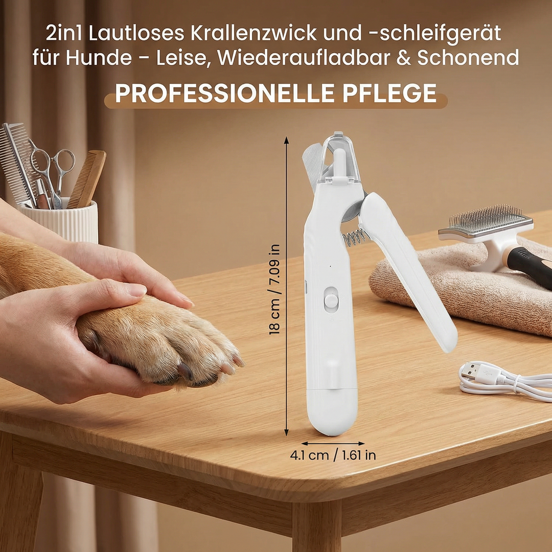 Nahaufnahme des akkubetriebenen Hunde Krallenschneiders mit Schleiffunktion für präzise Pflege.