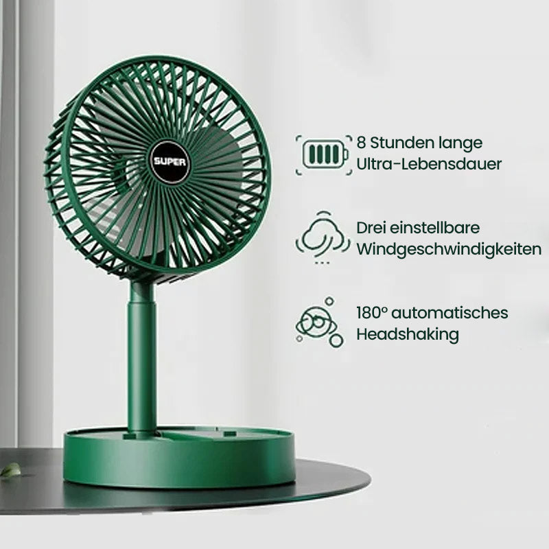 Flexibler USB-Tischventilator, leise und zusammenklappbar. Ideal als Bürolüfter oder für unterwegs im Sommer.