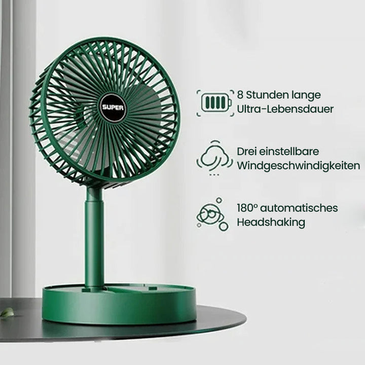 Flexibler USB-Tischventilator, leise und zusammenklappbar. Ideal als Bürolüfter oder für unterwegs im Sommer.