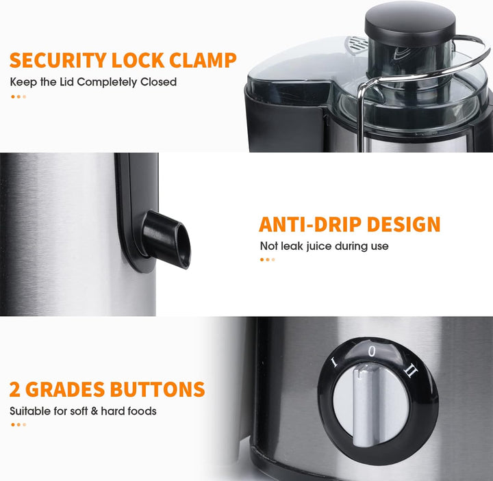 Detailansicht der JuicePro Kaltpresssaftpresse, robustes Design, ideal für Obst & Gemüse.