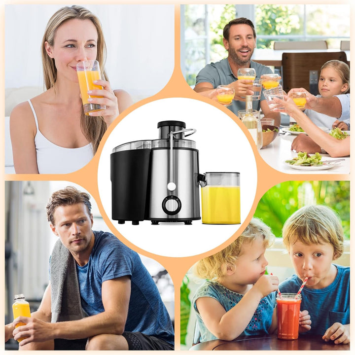 Entsafter JuicePro beim Kaltpressen von Orangen für frischen, vitaminreichen Saft, modern.