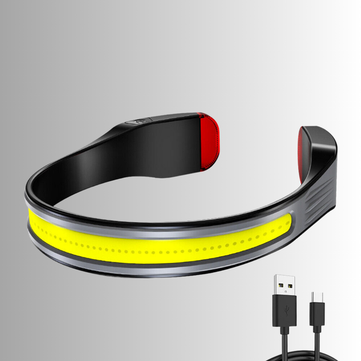 Leistungsstarke LED-Stirnlampe mit breitem Lichtkegel, ideal für Outdoor-Aktivitäten wie Camping und Wandern.