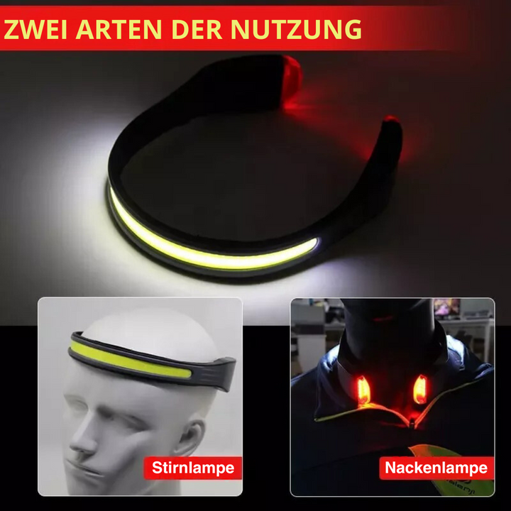 Helle Stirnlampe mit Breitstrahl-LED für Radfahren und Trailrunning; komfortabel und sicher in der Dunkelheit.