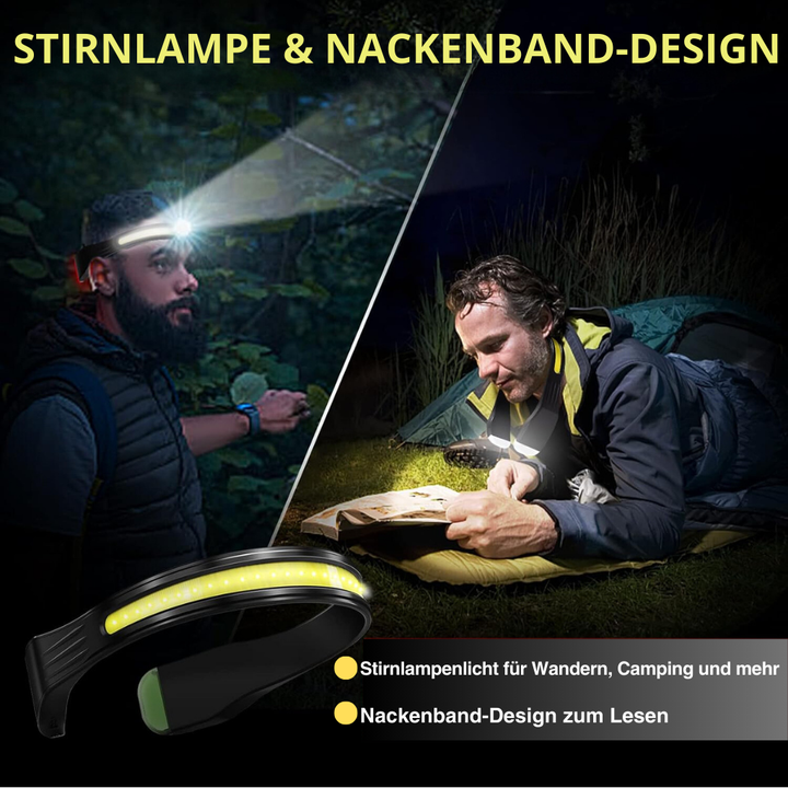 Robuste, wasserdichte Stirnlampe mit langlebiger Breitstrahl-LED; perfekt für schlechtes Wetter beim Wandern.