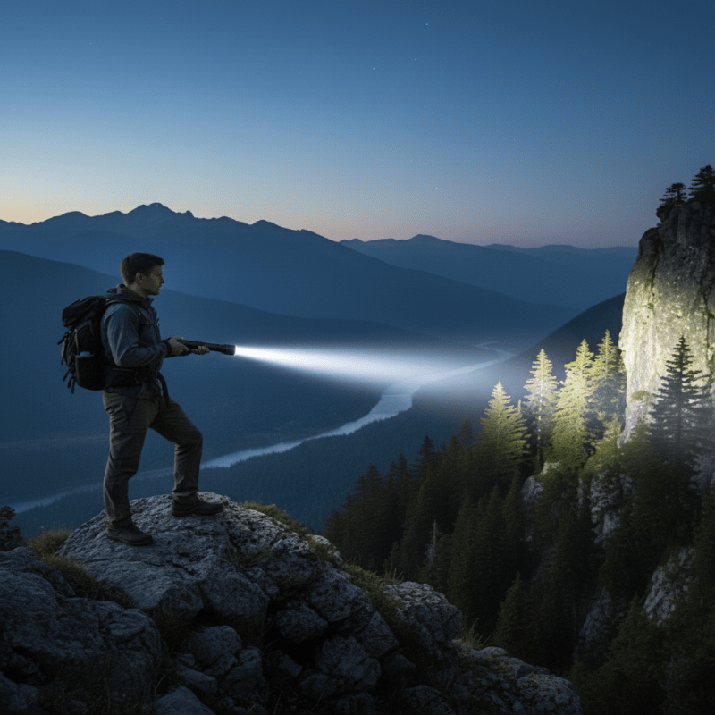 Zoombare LED-Taschenlampe 100000 Lumen, ideal für Camping, Wandern und präzise Ausleuchtung.