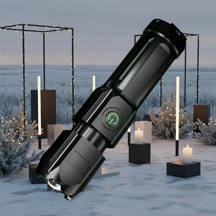 Robuste, wasserdichte 100000 Lumen LED-Taschenlampe mit USB-Anschluss, perfekt für jedes Wetter.