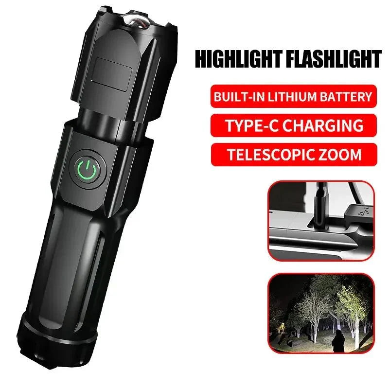 Outdoor-LED-Taschenlampe für Camping, Wandern & Notfälle, mit USB-Zoom & 100000 Lumen Helligkeit.