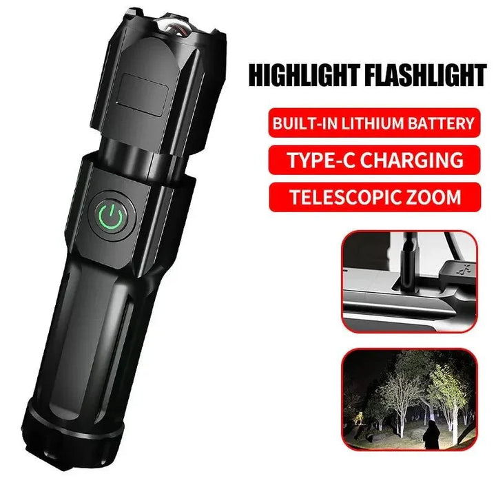 Outdoor-LED-Taschenlampe für Camping, Wandern & Notfälle, mit USB-Zoom & 100000 Lumen Helligkeit.