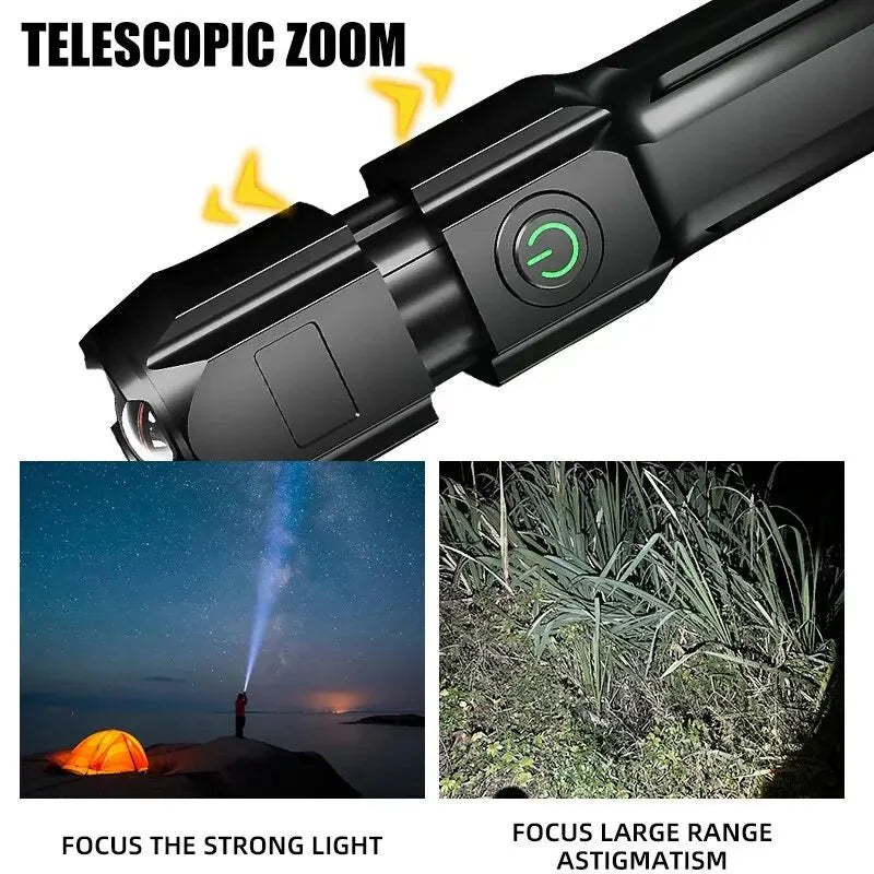 Wasserdichte, leistungsstarke 100000 Lumen LED-Taschenlampe mit USB-Zoom für anspruchsvolle Einsätze.
