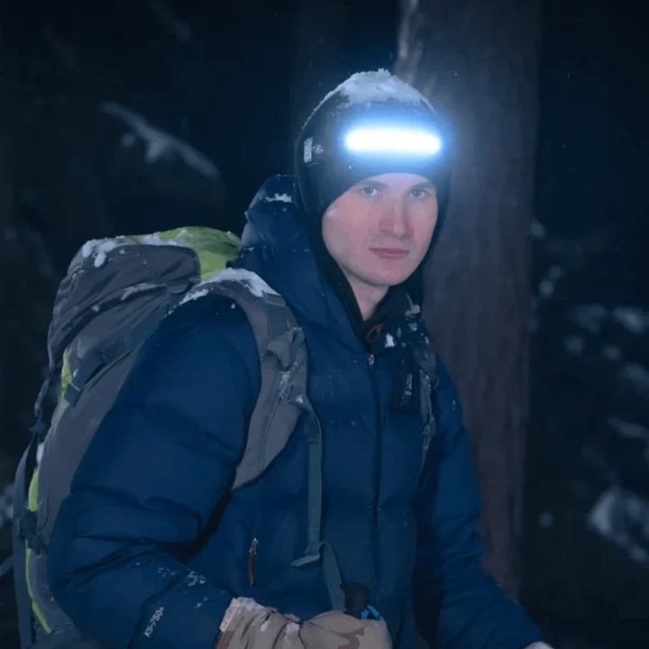Kompakte wiederaufladbare Sensor-Kopflampe mit hellem LED Licht für Werkstatt, Outdoor & Wandern.