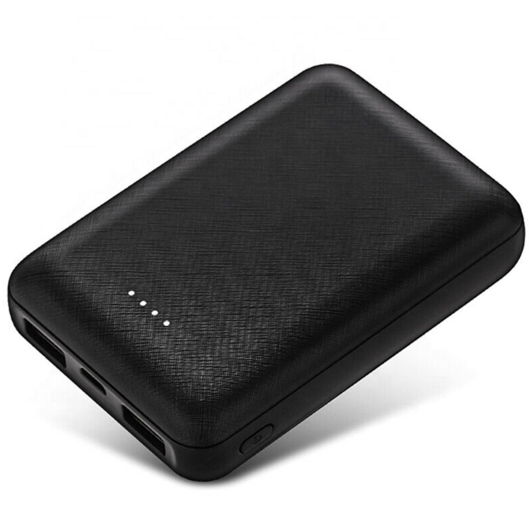 Leistungsstarke, tragbare Powerbank in Schwarz mit USB-Anschlüssen, ideal für Reise & Smartphone-Aufladung unterwegs.