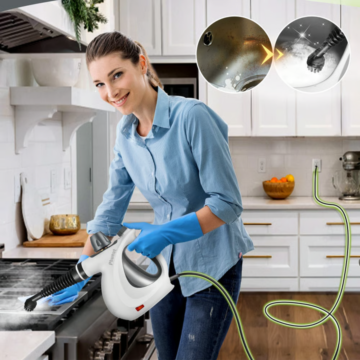 Ergonomischer Dampfreiniger für komfortable, umweltfreundliche Badezimmer- und Küchenreinigung.