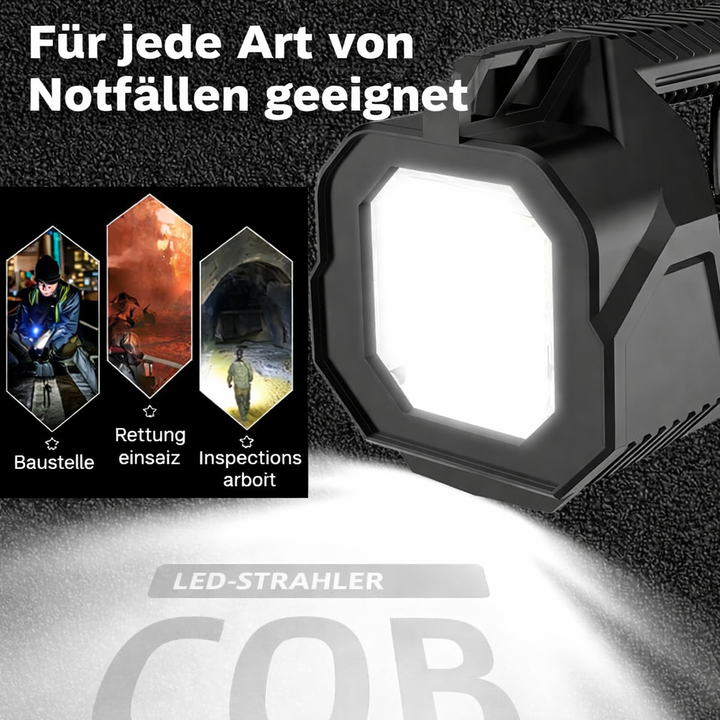 Heller, wiederaufladbarer LED-Suchscheinwerfer/Taschenlampe für Camping & Outdoor. Robustes, wetterfestes Notfalllicht.