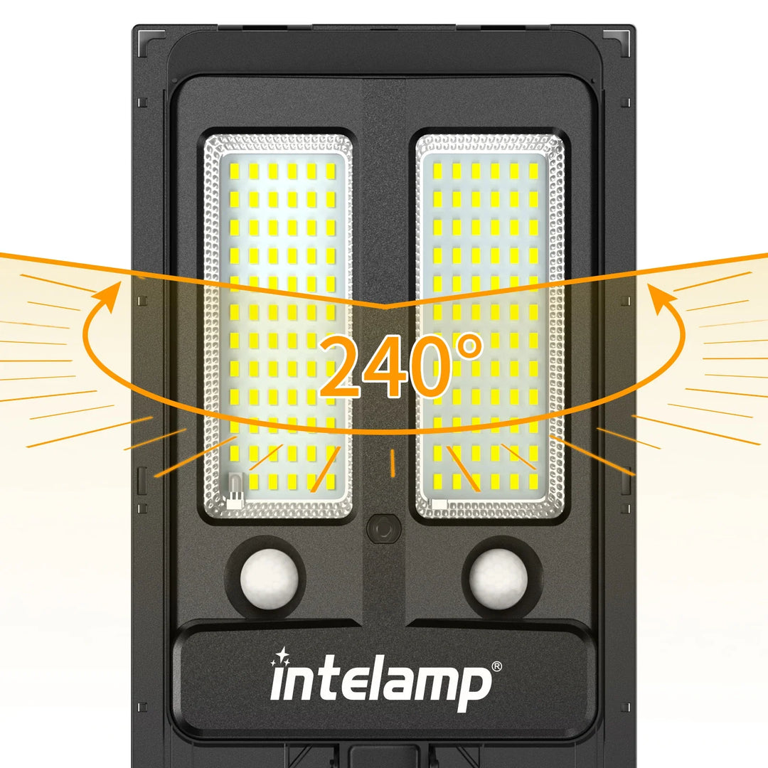 Solar-LED-Strahler mit Bewegungsmelder für Außenbereiche, robust und wetterfest (IP65) zur Hofbeleuchtung.