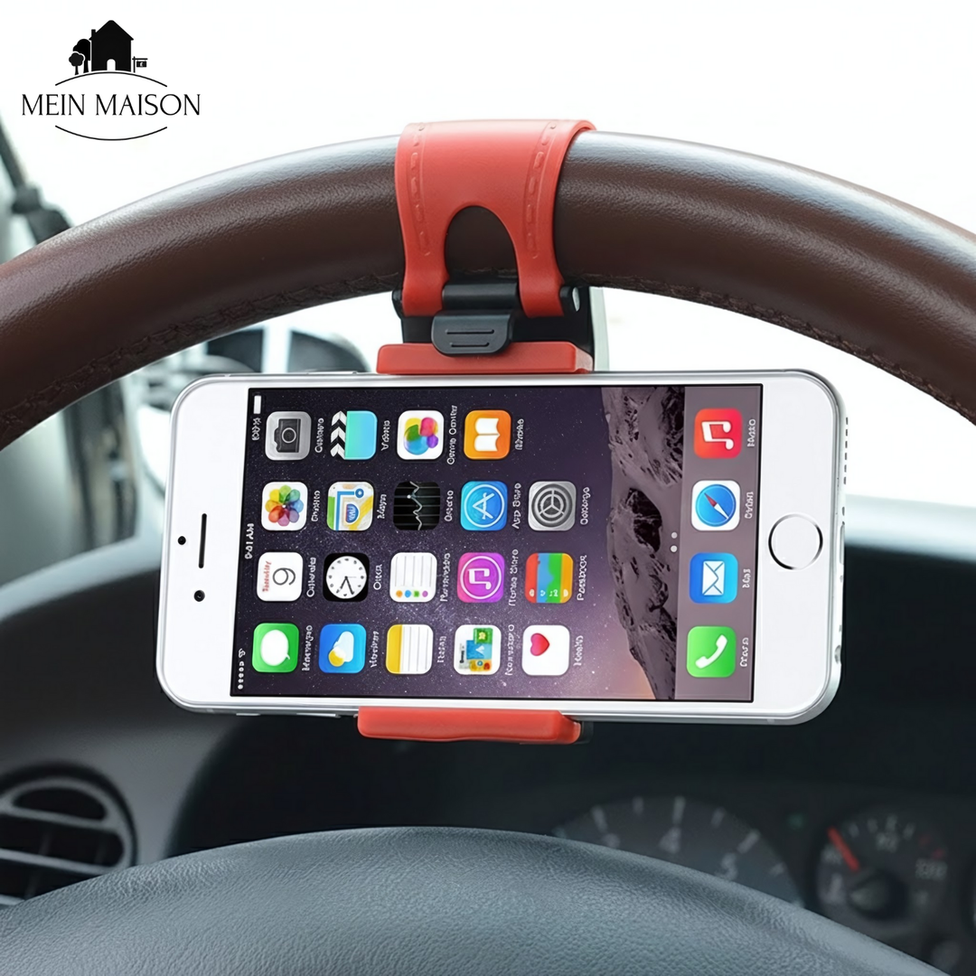 Lenkrad Handyhalterung für sicheres Fahren, freie Sicht aufs Smartphone. Universell & einfach anzubringen. Autozubehör.