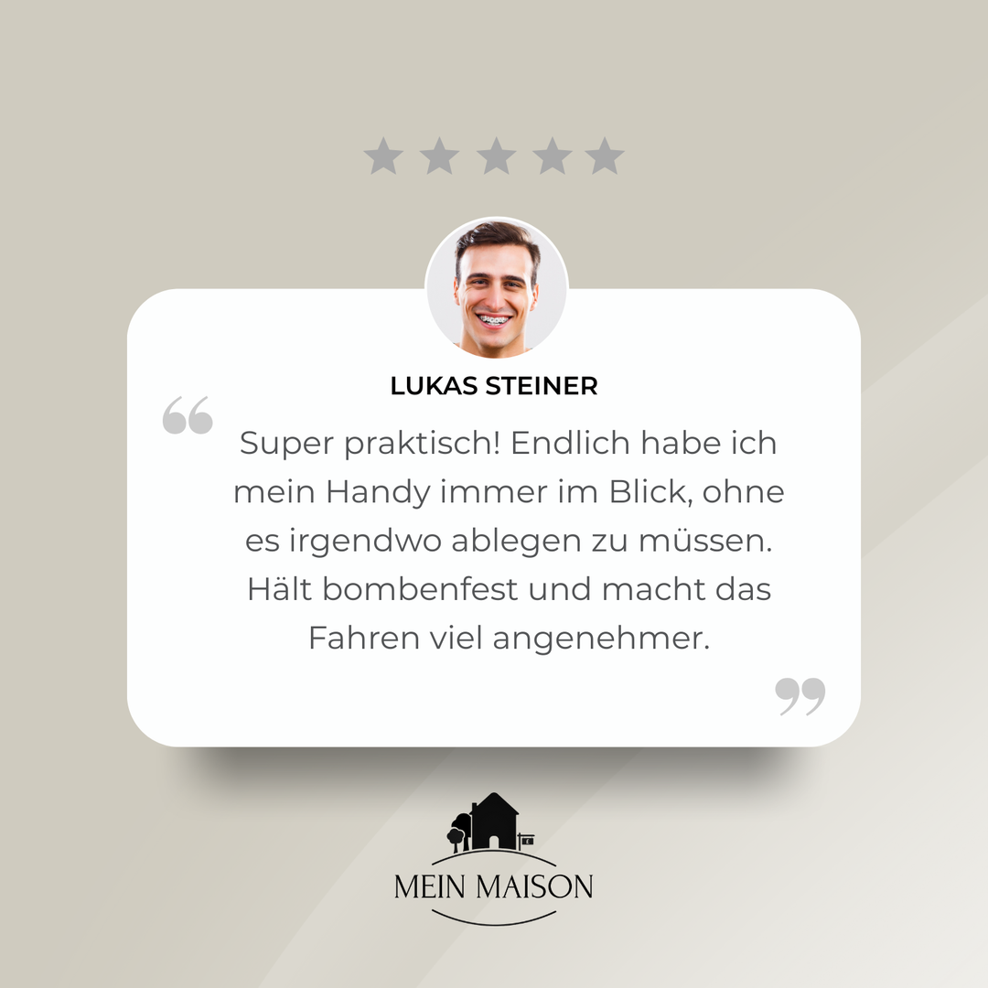 Verstellbare Lenkrad Handyhalterung, passend für diverse Smartphone-Modelle am Lenkrad. Stabiler Halt.