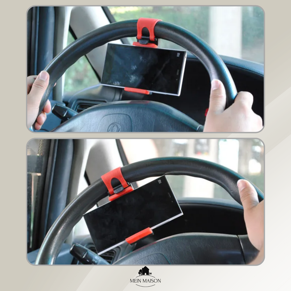 Sichere Lenkrad Handyhalterung im Auto, freie Sicht auf die Straße & Navigation. Perfektes KFZ-Zubehör.