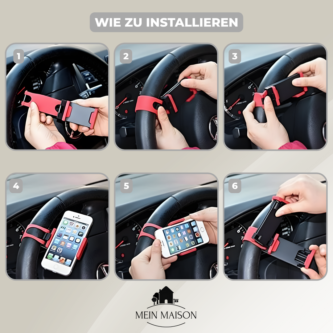 Kompakte Lenkrad Handyhalterung, optimiert für den freien Blick auf Ihr Mobiltelefon und die Fahrbahn.
