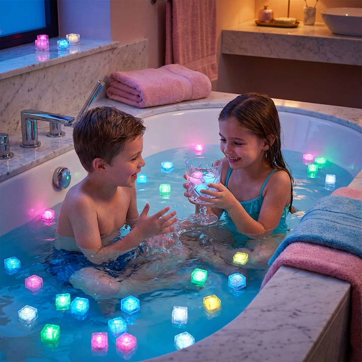 Leuchtende Bade Würfel im 6er Set für magischen Badespaß & Sensorik bei Kindern. Ideal als Badespielzeug.