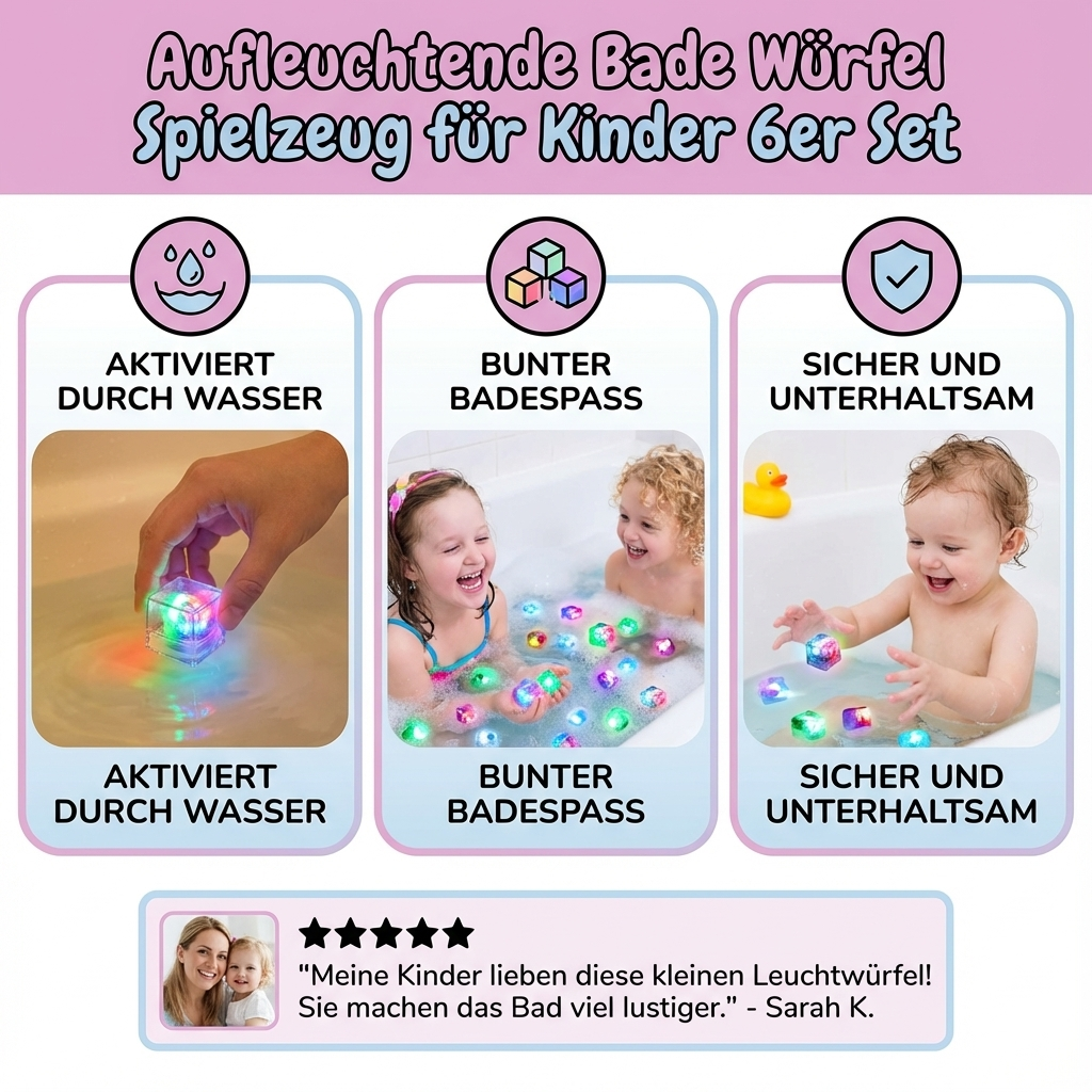 Nahaufnahme der leuchtenden Bade Würfel in verschiedenen Farben, ideal als Wasserspielzeug & Leuchtspielzeug.