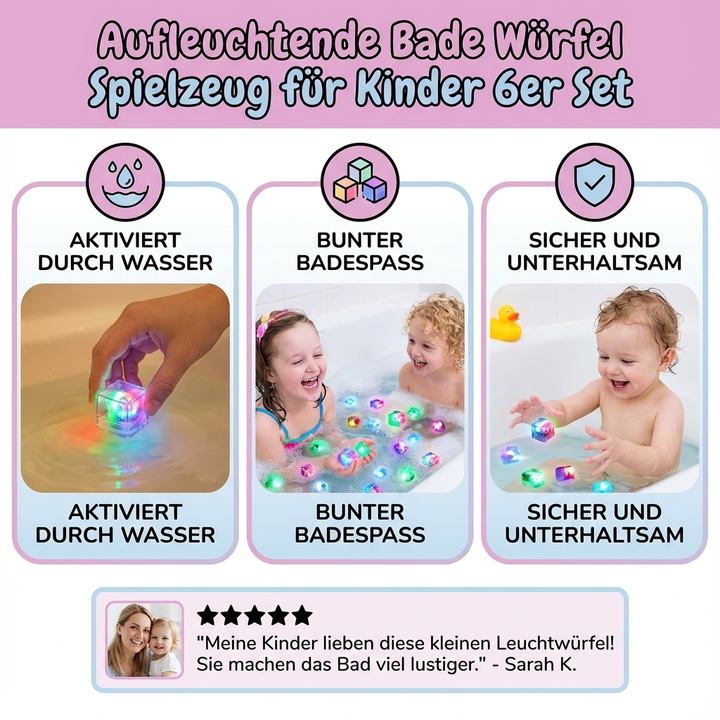 Nahaufnahme der leuchtenden Bade Würfel in verschiedenen Farben, ideal als Wasserspielzeug & Leuchtspielzeug.