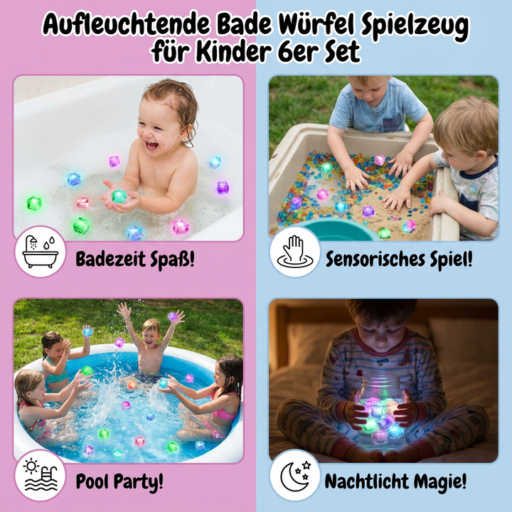 Kind spielt begeistert mit dem 6er Set leuchtender Bade Würfel, für magischen Badespaß & sensorische Erfahrung.