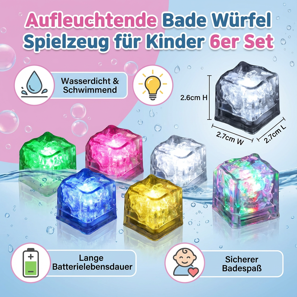 Das 6er Set leuchtende Bade Würfel als Geschenk für Kinder, perfekt als Lernspielzeug & Wasserspielzeug.