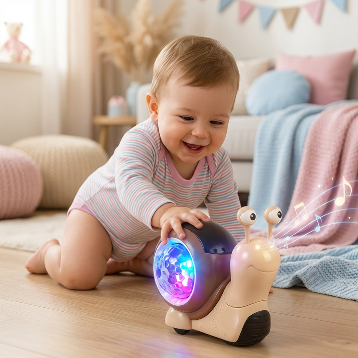 Leuchtende Krabbel-Schnecke, Musikspielzeug für Babys zur Förderung von Motorik & Sensorik.