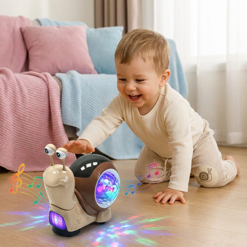 Bunte Krabbel-Schnecke mit Lichtern & Musik, animiert Babys zum Krabbeln & Entdecken.