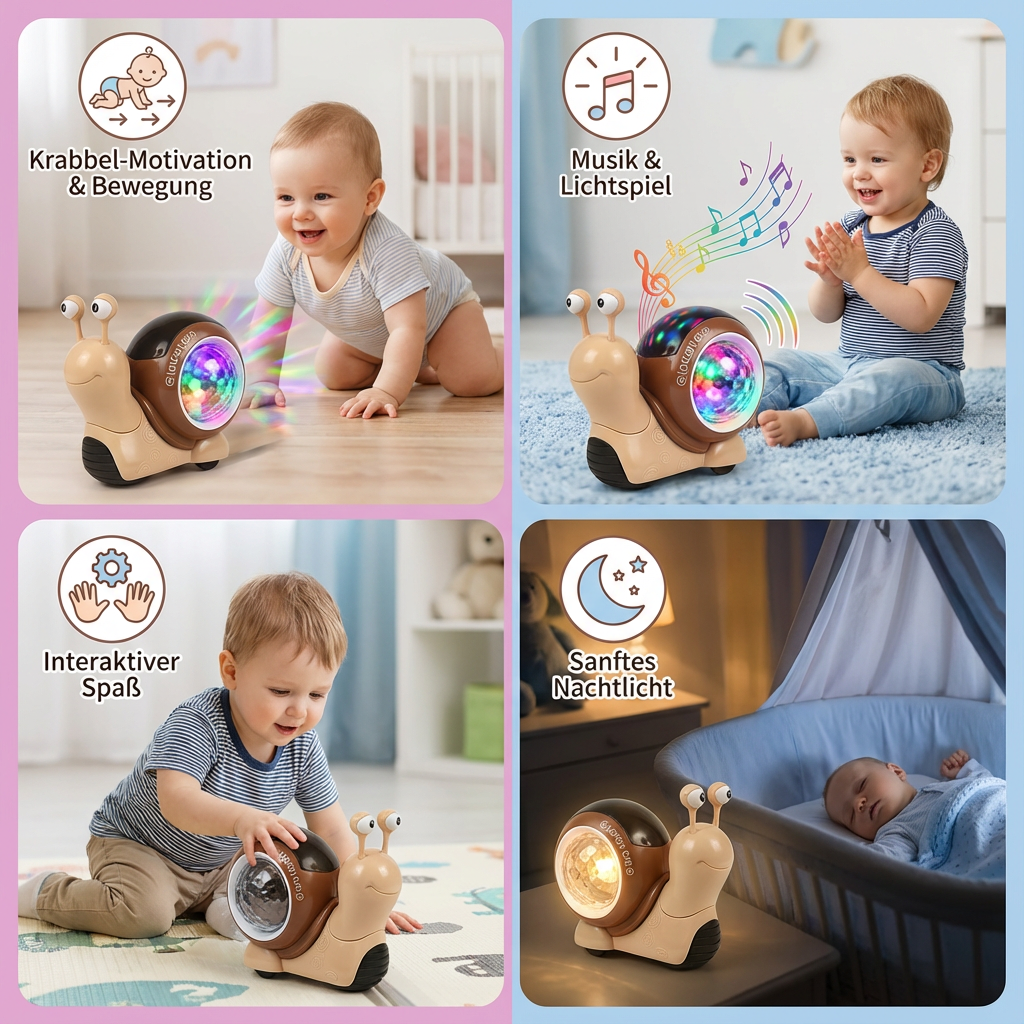 Ideales Babygeschenk: Bunte Musik- & Krabbel-Schnecke, die beim Spielenlernen Motorik & Sensorik stärkt.