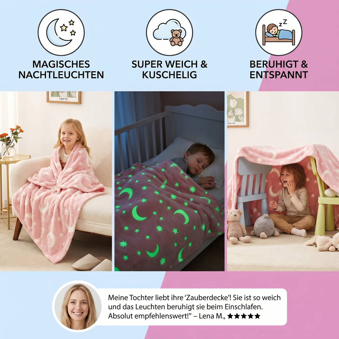Weiche, flauschige Kuscheldecke für Geborgenheit, leuchtet mit Sternen und Mond, rosa-grau.