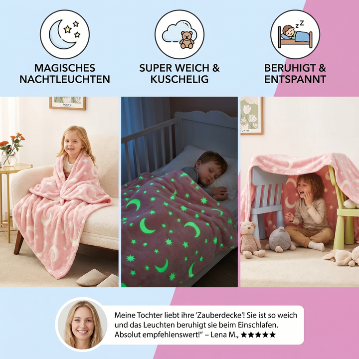 Weiche, flauschige Kuscheldecke für Geborgenheit, leuchtet mit Sternen und Mond, rosa-grau.