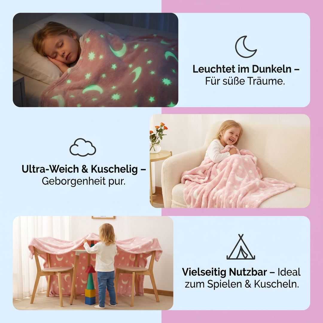 Grau-rosa Kuscheldecke mit leuchtenden Sternen und Mond. Magischer Sternenhimmel, flauschig und gemütlich.