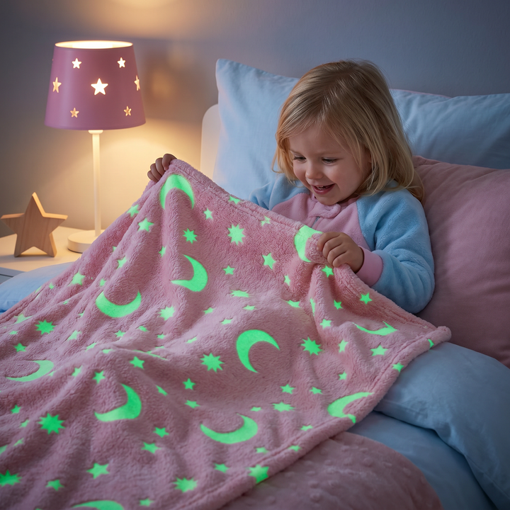 Zusammengefaltete, flauschige Kuscheldecke mit leuchtenden Sternen. Gemütliches Wohnaccessoire für Kinderzimmer.